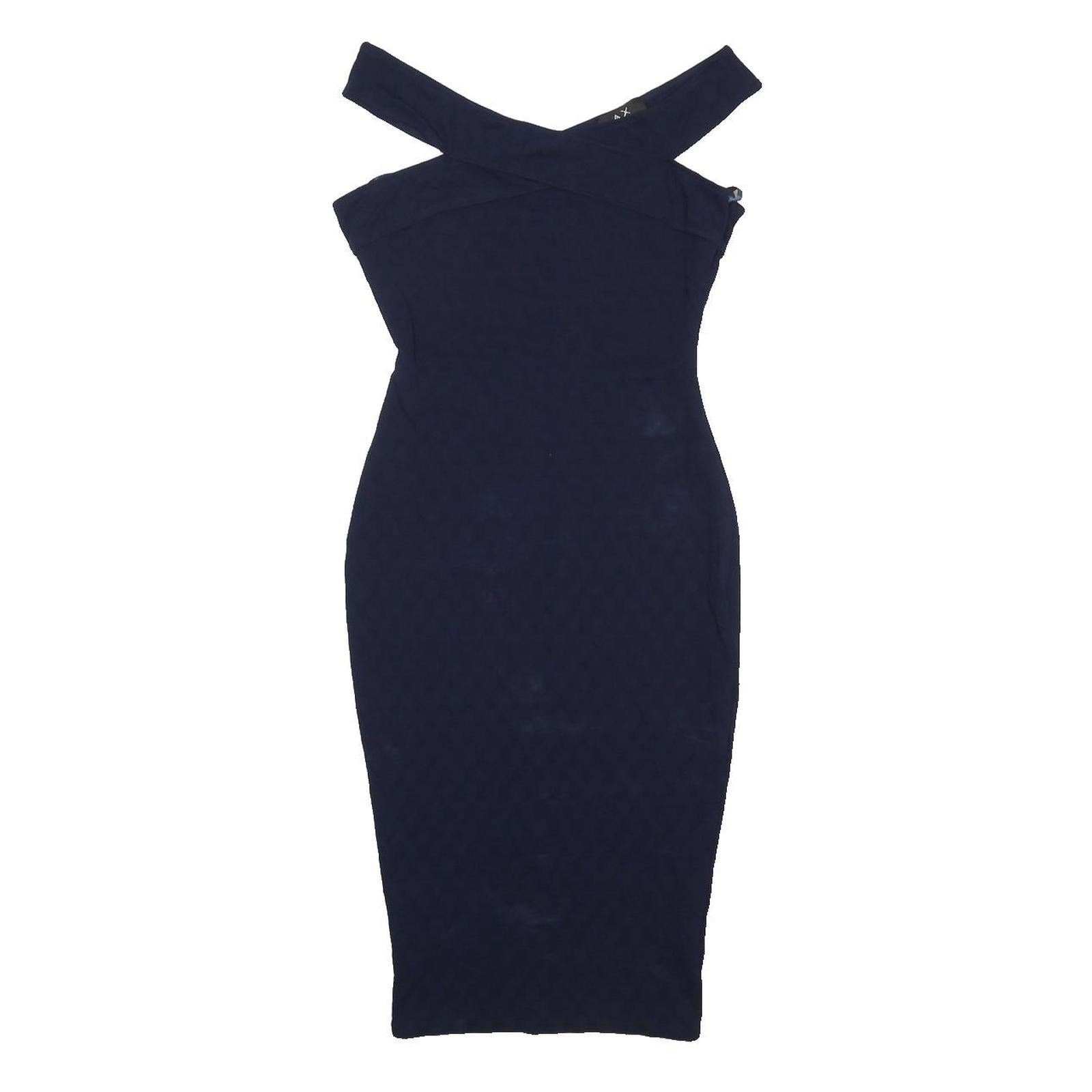 AX Womens Navy Blue Bodycon Cotton Blend Midi Dress UK 10 Cross Strap