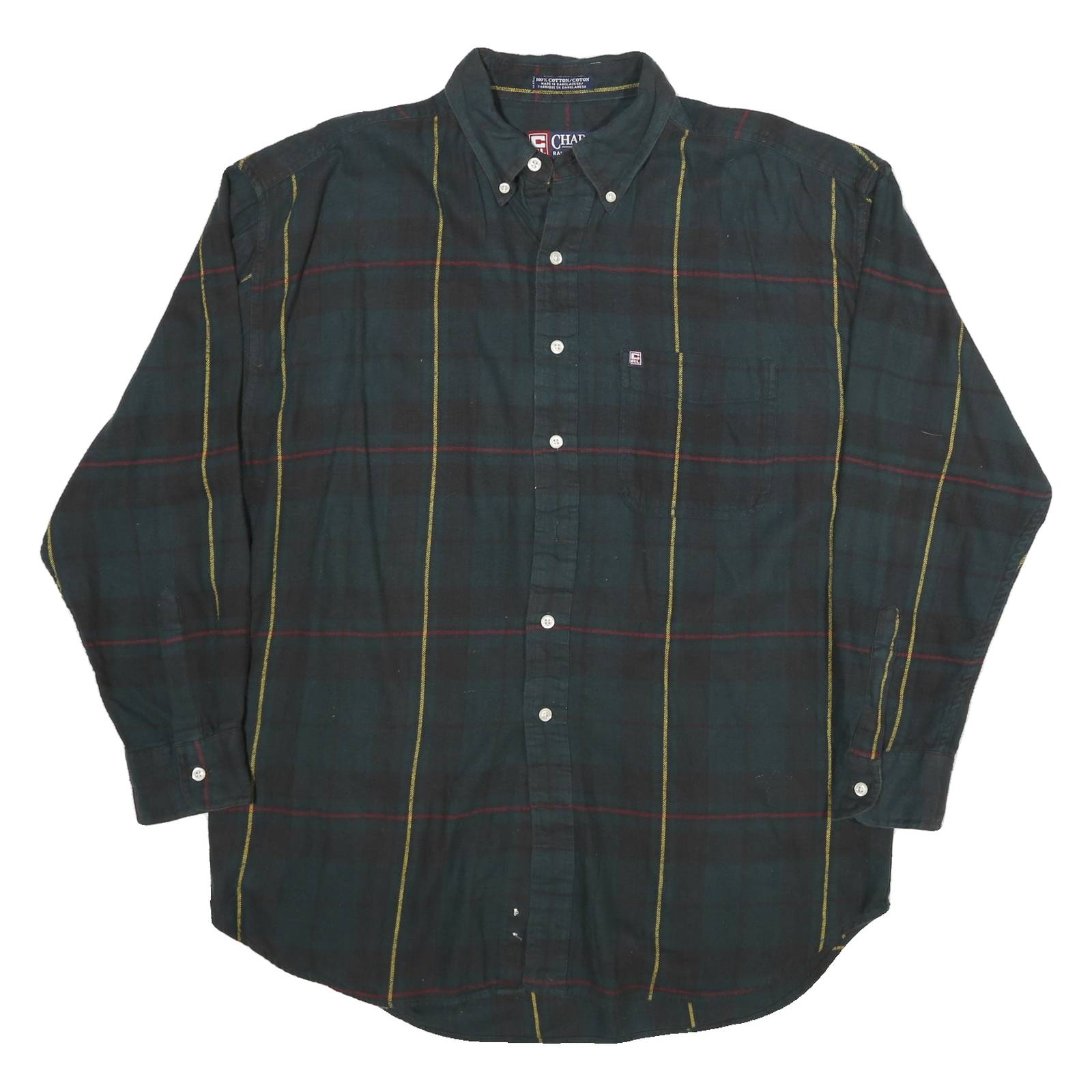 CHAPS Mens Green & Yellow Check Cotton Shirt L Button Down Long Sleeve Casual