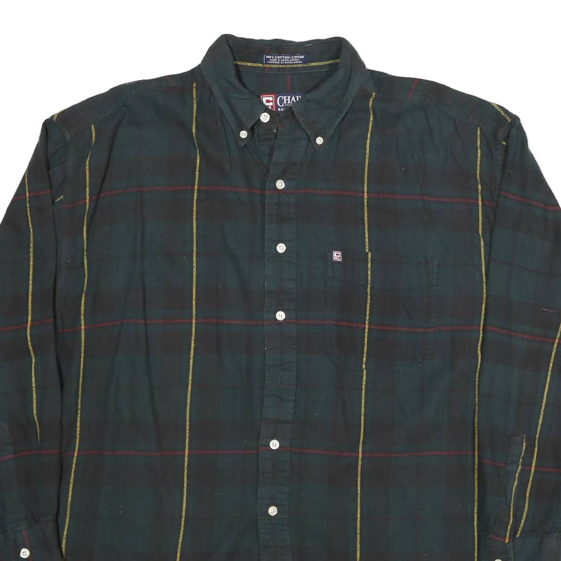 CHAPS Mens Green & Yellow Check Cotton Shirt L Button Down Long Sleeve Casual