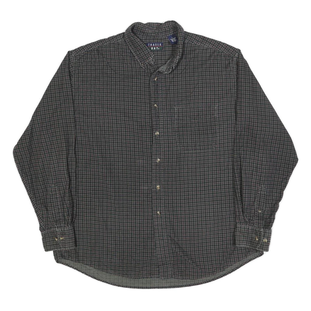 TRADER BAY Mens Grey Check Shirt L Cotton Button Down Long Sleeve Casual