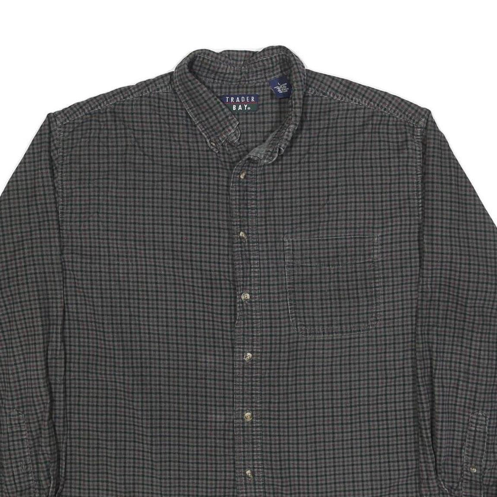 TRADER BAY Mens Grey Check Shirt L Cotton Button Down Long Sleeve Casual