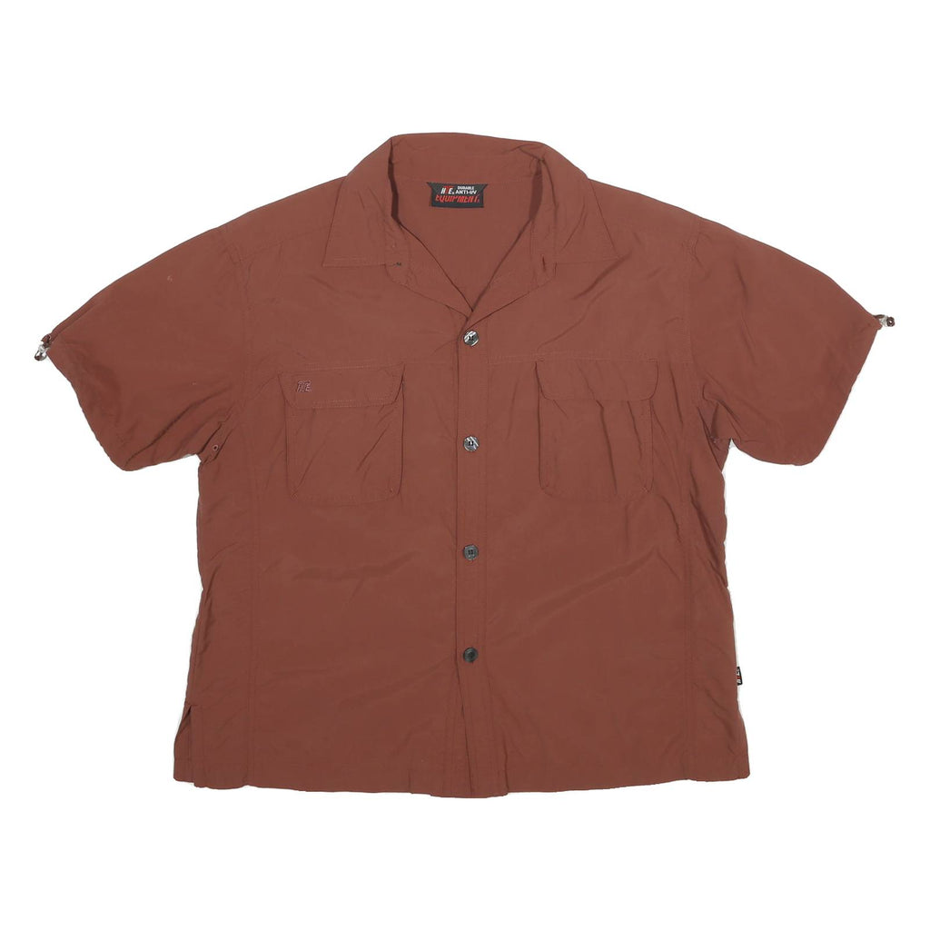 HTE Womens Brown Shirt L Button Down Casual Polyester Blend Short Sleeve