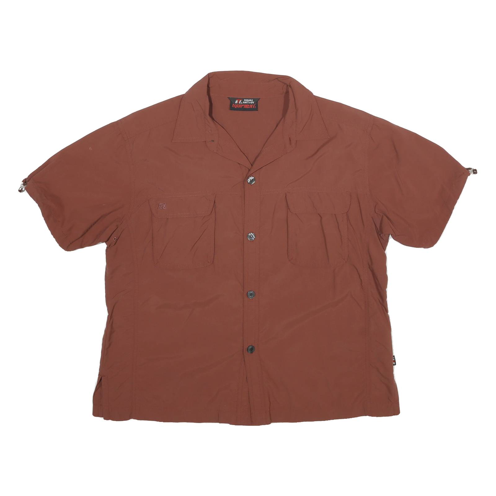 HTE Womens Brown Shirt L Button Down Casual Polyester Blend Short Sleeve