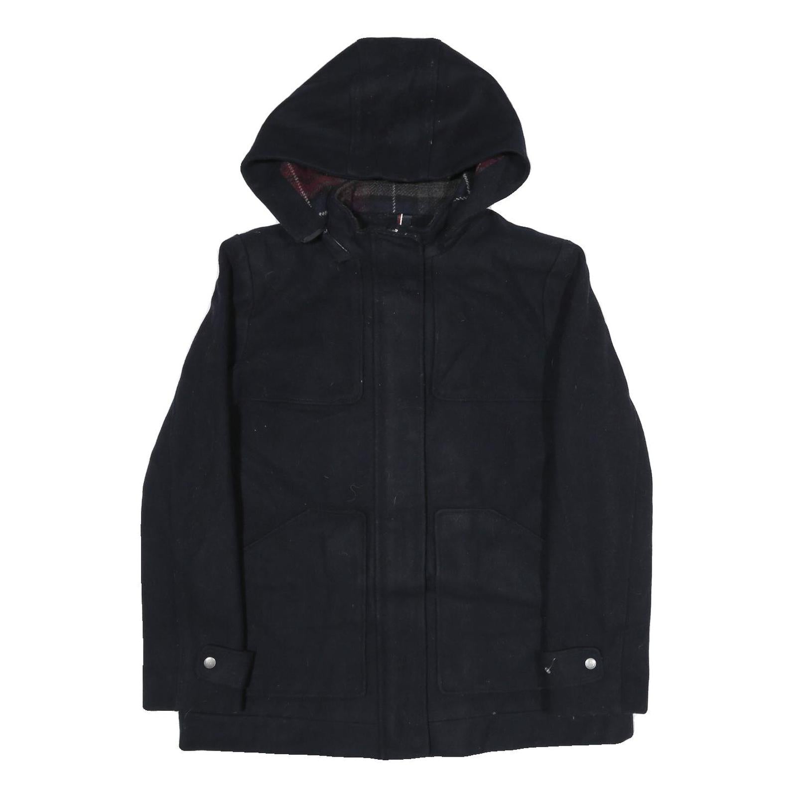 TOMMY HILFIGER Womens Black Hooded Jacket L Polyester Zip Plain Classic Coat