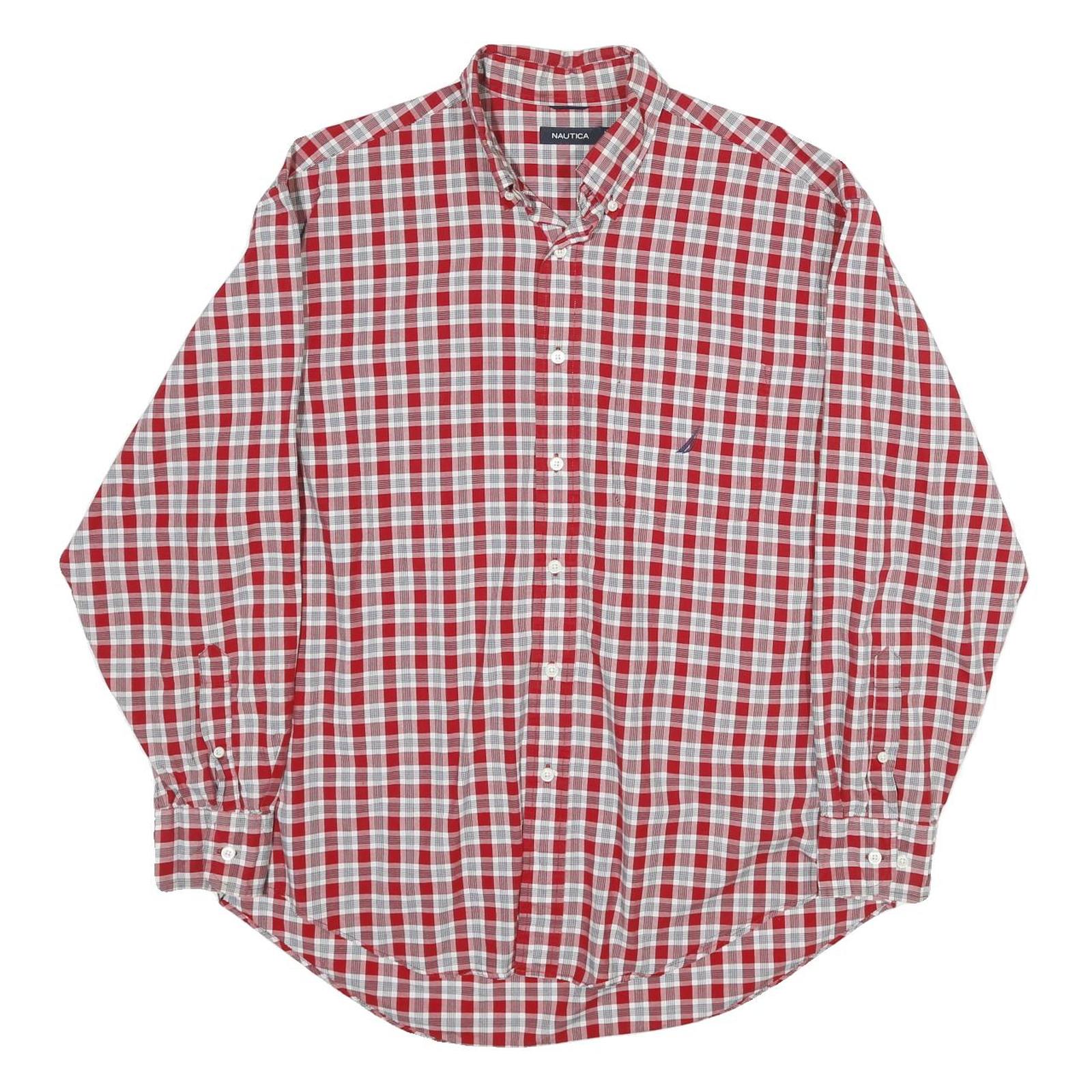 NAUTICA Mens Red & White Check Shirt L Long Sleeve Classic Cotton Button Collar
