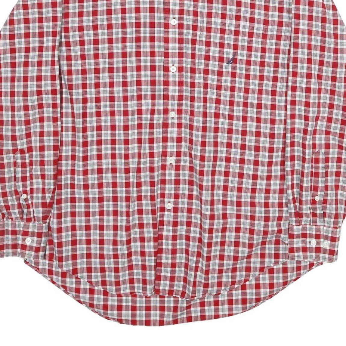 NAUTICA Mens Red & White Check Shirt L Long Sleeve Classic Cotton Button Collar