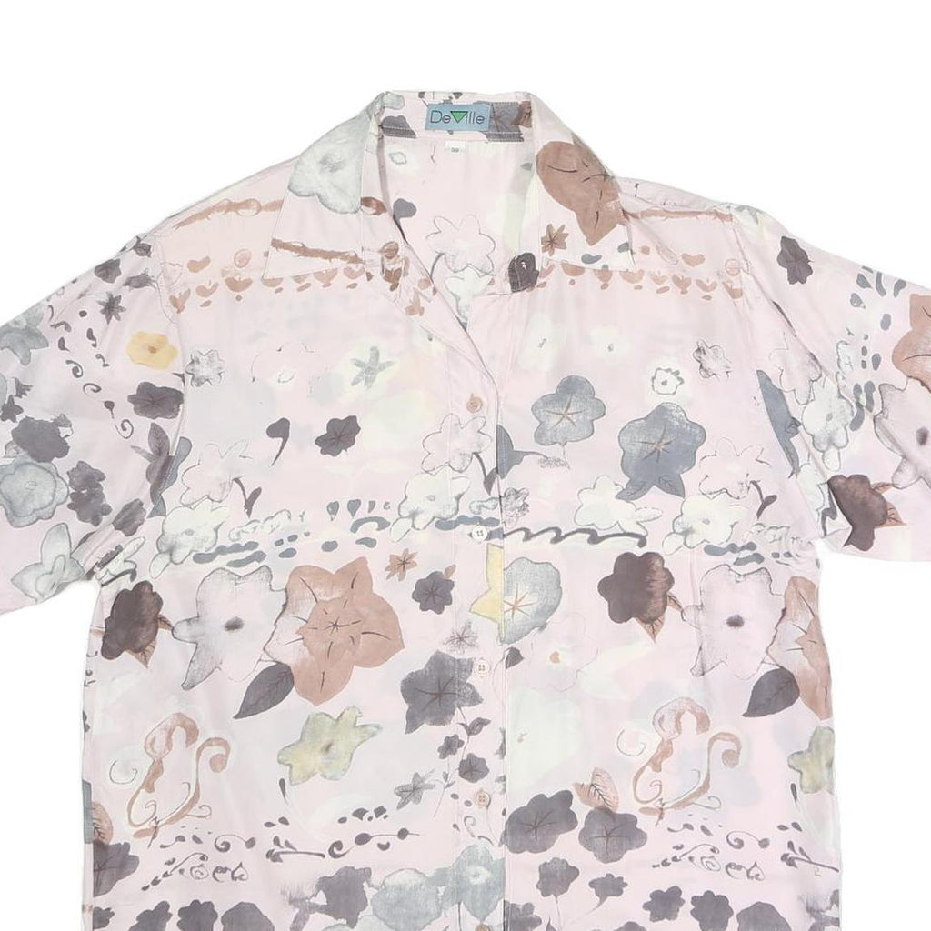 DE VILLE Womens Pink Printed Silk Shirt Short Sleeve Collar S Elegant Floral