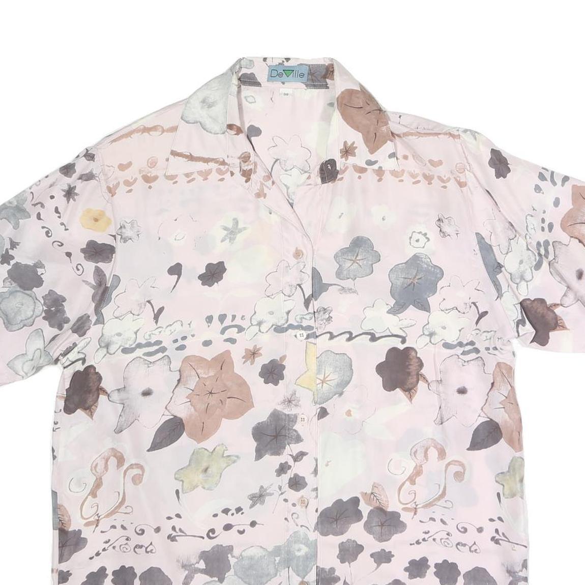 DE VILLE Womens Pink Printed Silk Shirt Short Sleeve Collar S Elegant Floral