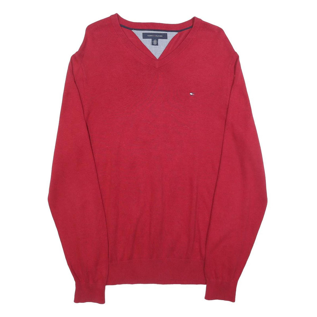 TOMMY HILFIGER Mens Red Plain V-Neck Basic Knit M Cotton Blend Jumper