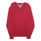 TOMMY HILFIGER Mens Red Plain V-Neck Basic Knit M Cotton Blend Jumper