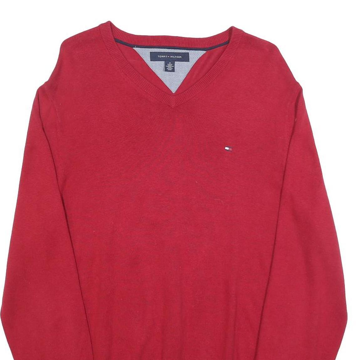 TOMMY HILFIGER Mens Red Plain V-Neck Basic Knit M Cotton Blend Jumper