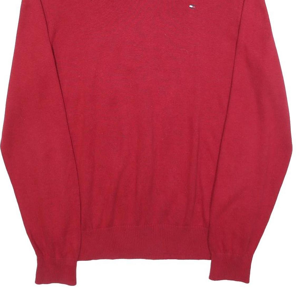 TOMMY HILFIGER Mens Red Plain V-Neck Basic Knit M Cotton Blend Jumper