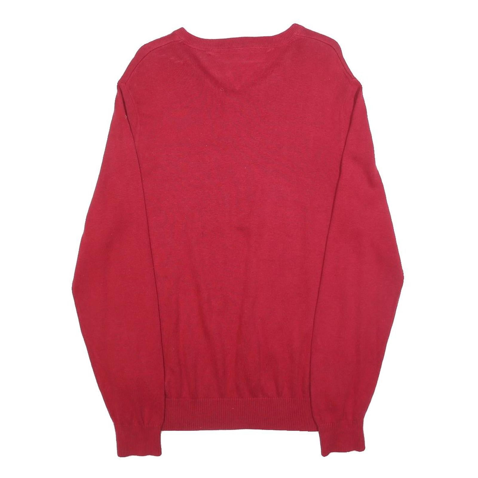 TOMMY HILFIGER Mens Red Plain V-Neck Basic Knit M Cotton Blend Jumper