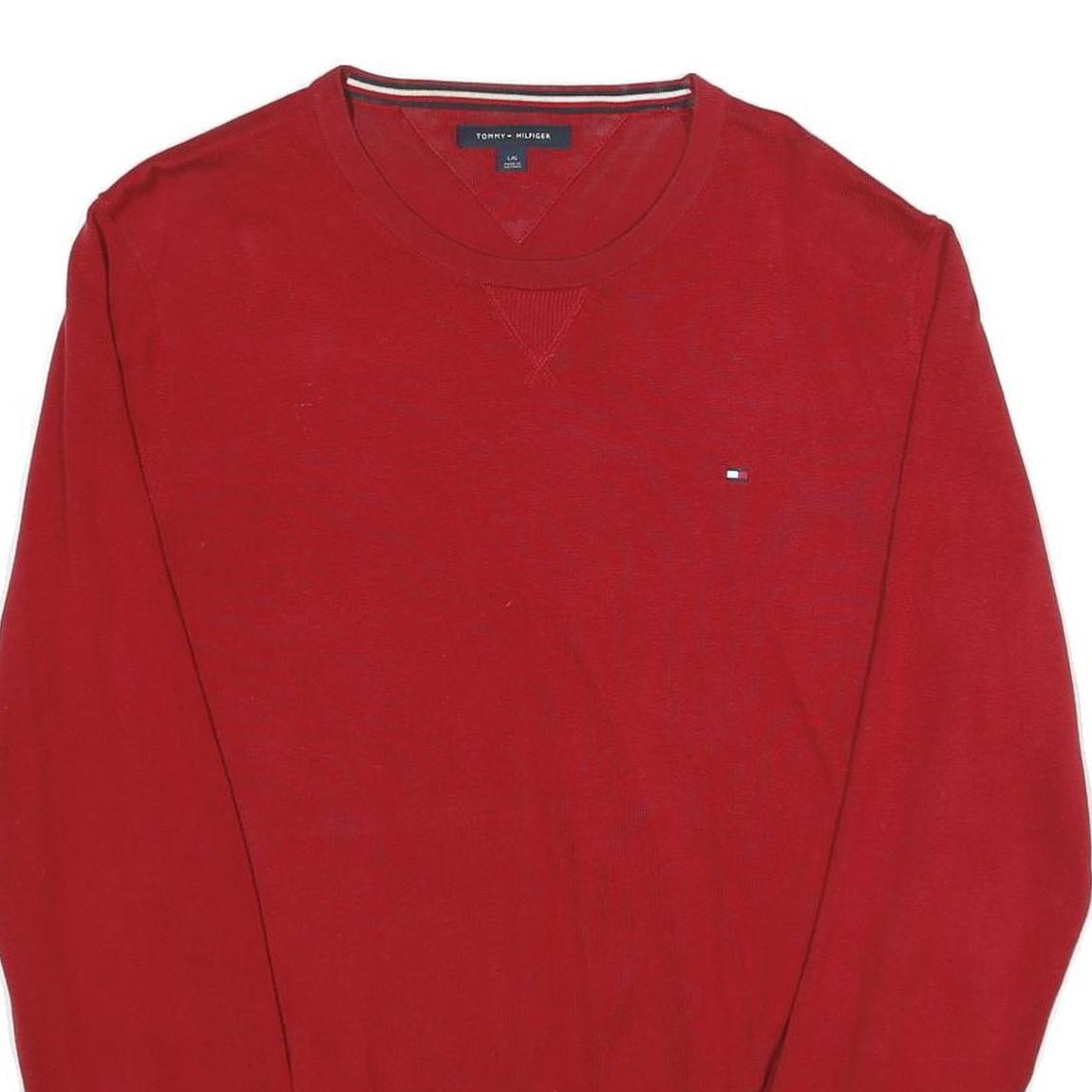TOMMY HILFIGER Mens Red Plain Cotton Crew Neck Basic Knit L Jumper Casual