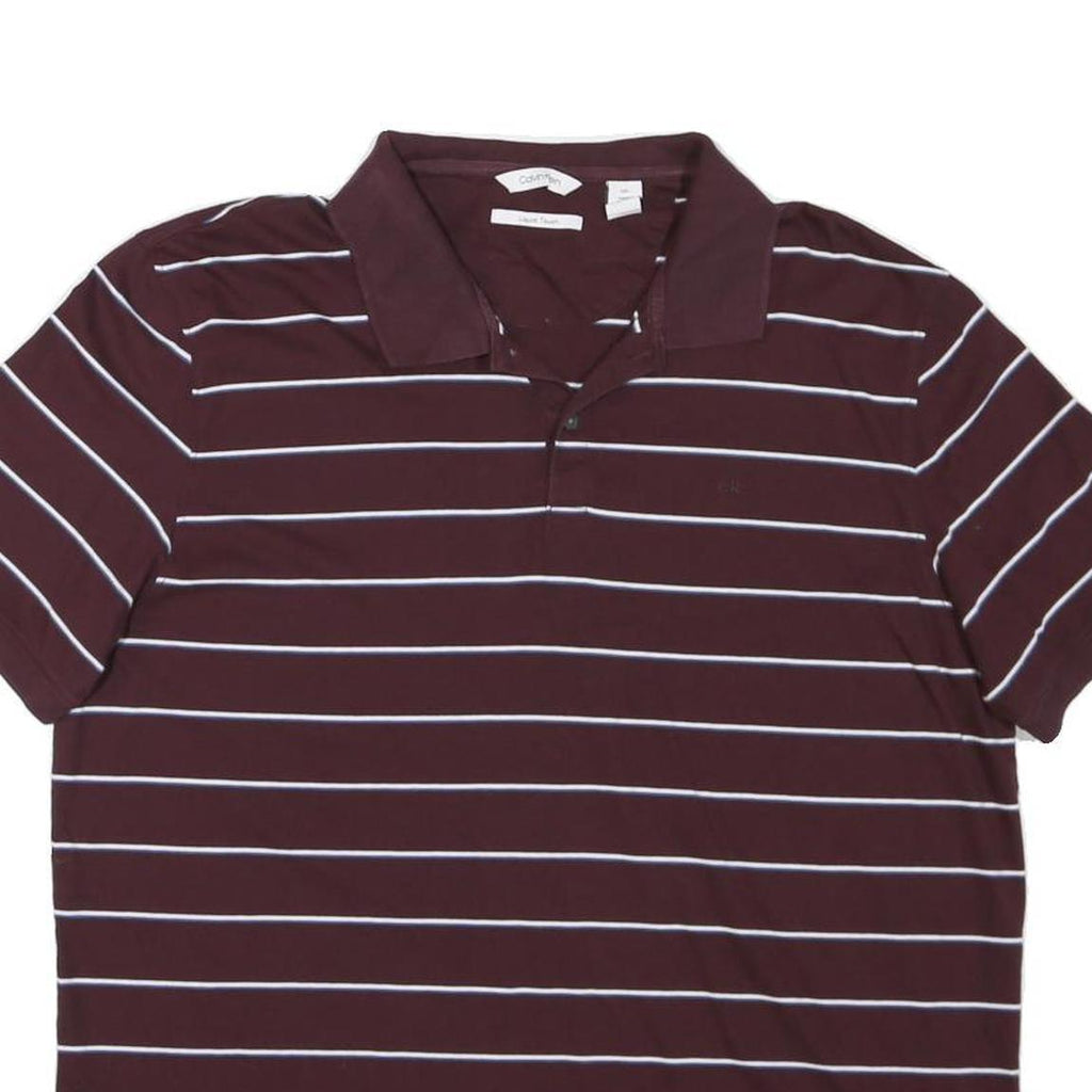 CALVIN KLEIN Mens Maroon & White Striped Short Sleeve Polo Shirt L Cotton Blend