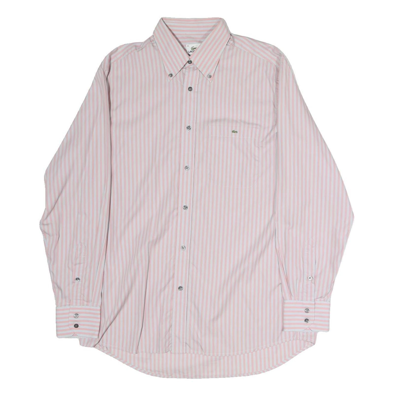 LACOSTE Mens Pink & White Striped Shirt L Button-Down Collar Cotton Dress Shirt