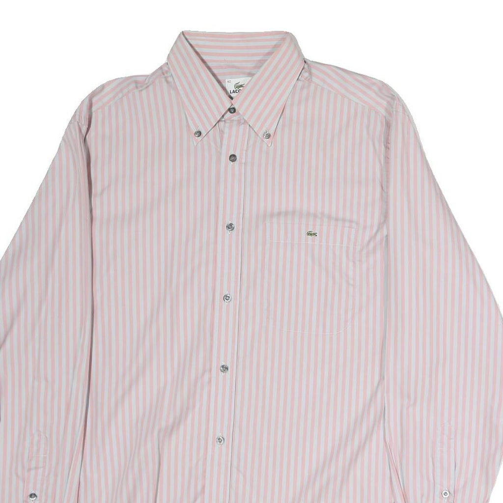 LACOSTE Mens Pink & White Striped Shirt L Button-Down Collar Cotton Dress Shirt