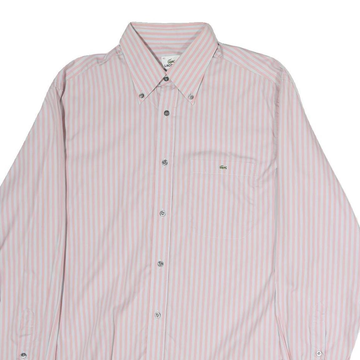 LACOSTE Mens Pink & White Striped Shirt L Button-Down Collar Cotton Dress Shirt
