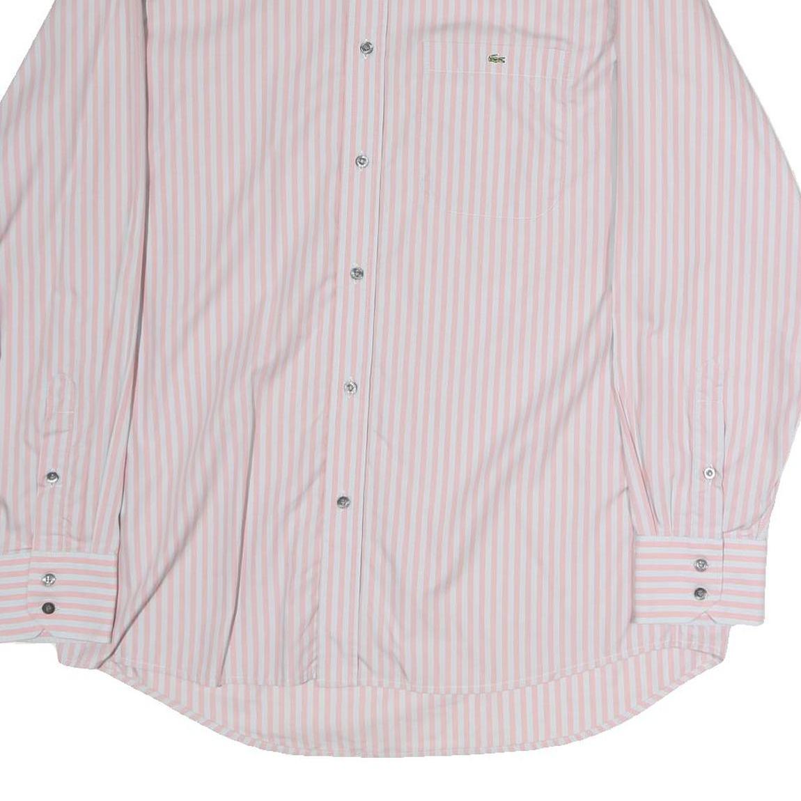LACOSTE Mens Pink & White Striped Shirt L Button-Down Collar Cotton Dress Shirt