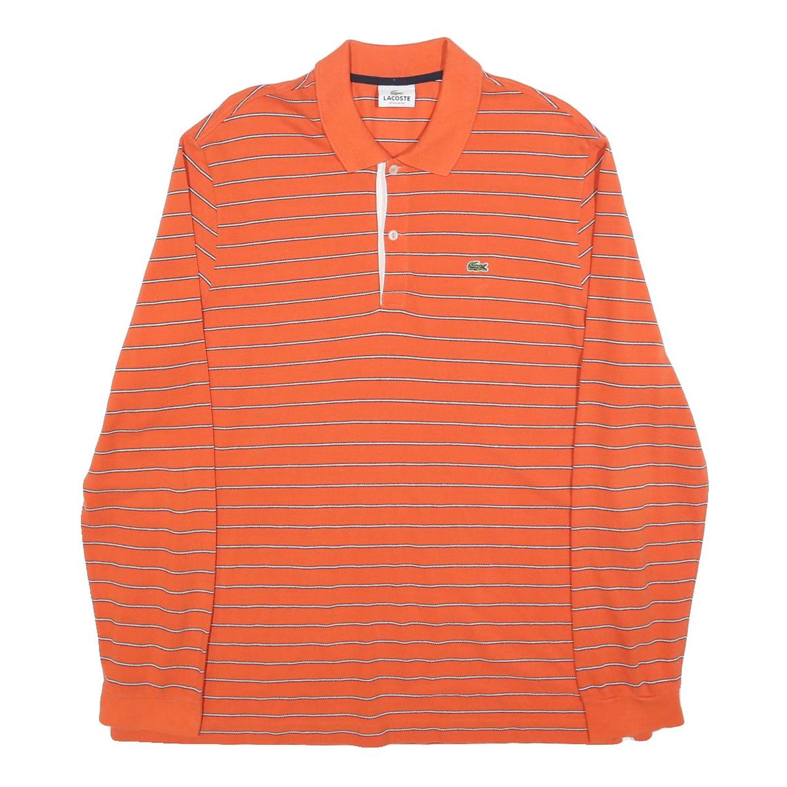 LACOSTE Mens Orange & White Striped Long Sleeve Polo Shirt XL Cotton Blend