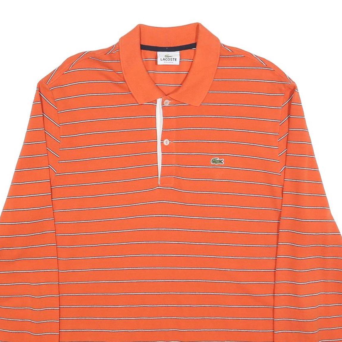 LACOSTE Mens Orange & White Striped Long Sleeve Polo Shirt XL Cotton Blend