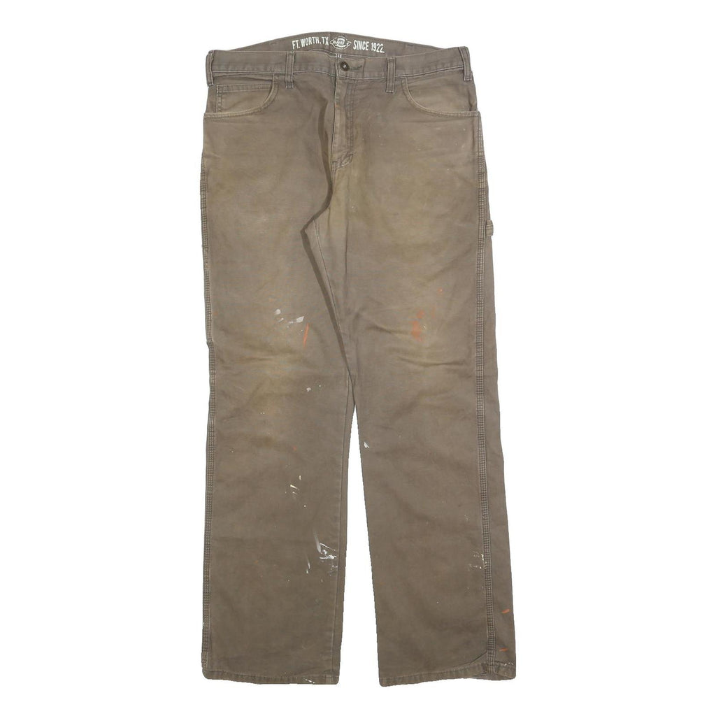 DICKIES Mens Cotton Blend Brown Relaxed Straight Trousers W35 L32 Workwear