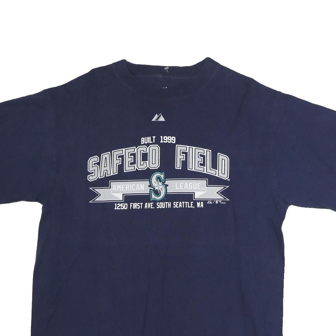 MAJESTIC Mens Blue Safeco Field Graphic T-Shirt L Short Sleeve Crew Neck Cotton