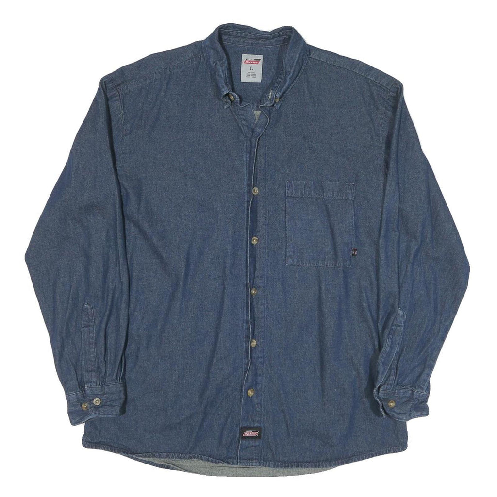 DICKIES Mens Blue Denim Shirt L Cotton Blend Casual Workwear Button Down Pocket