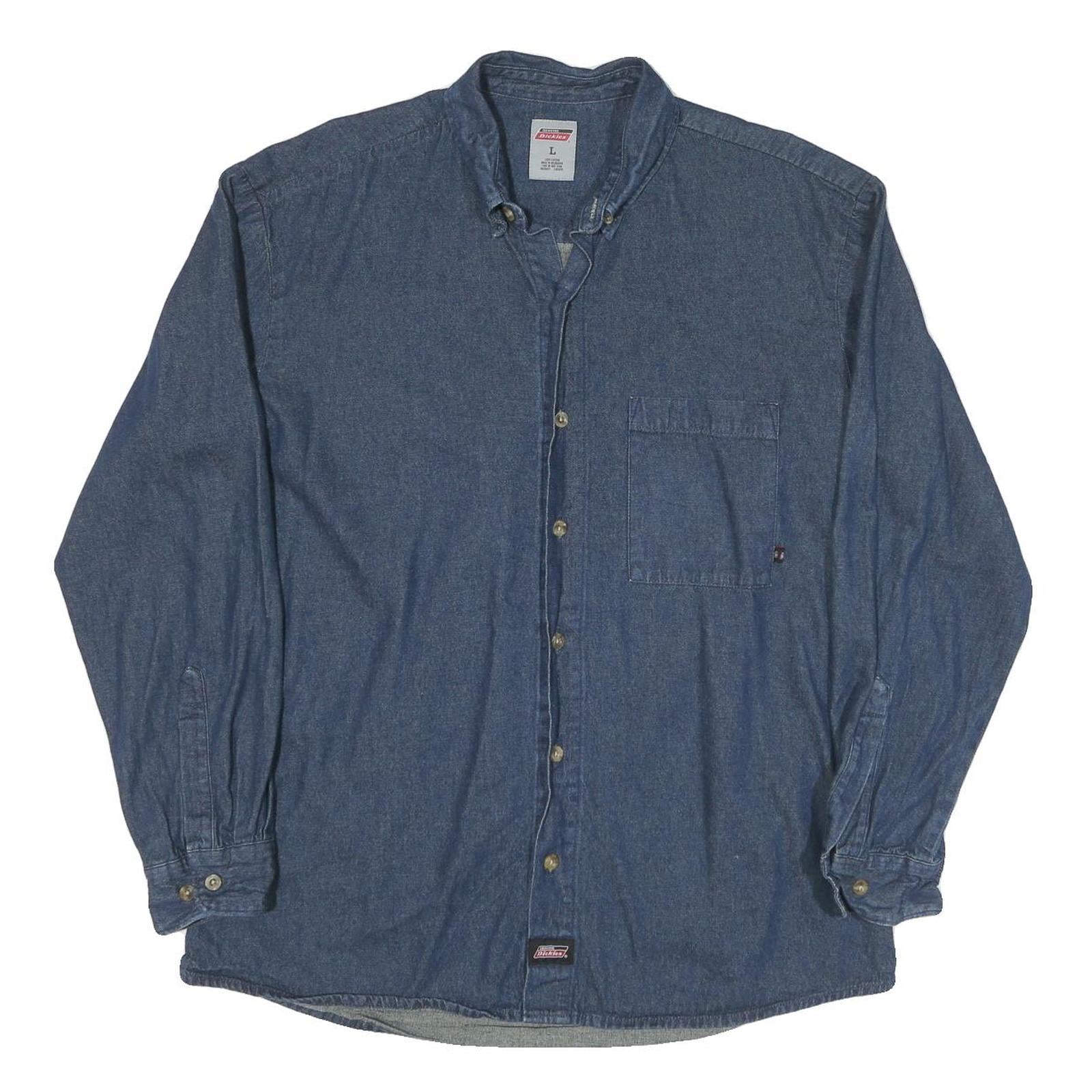 DICKIES Mens Blue Denim Shirt L Cotton Blend Casual Workwear Button Down Pocket