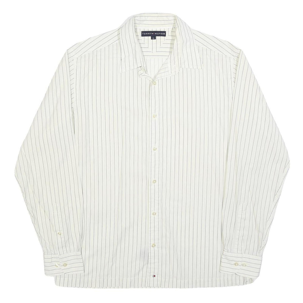 TOMMY HILFIGER Mens White & Black Pinstripe Shirt L Classic Long Sleeve Button