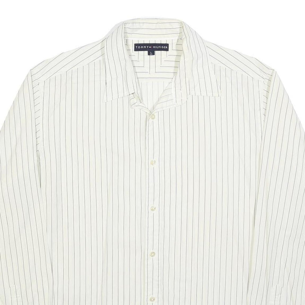 TOMMY HILFIGER Mens White & Black Pinstripe Shirt L Classic Long Sleeve Button