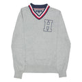 TOMMY HILFIGER Mens Patterned Jumper Grey Striped V-Neck Tight Knit XS