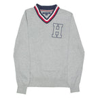 TOMMY HILFIGER Mens Patterned Jumper Grey Striped V-Neck Tight Knit XS