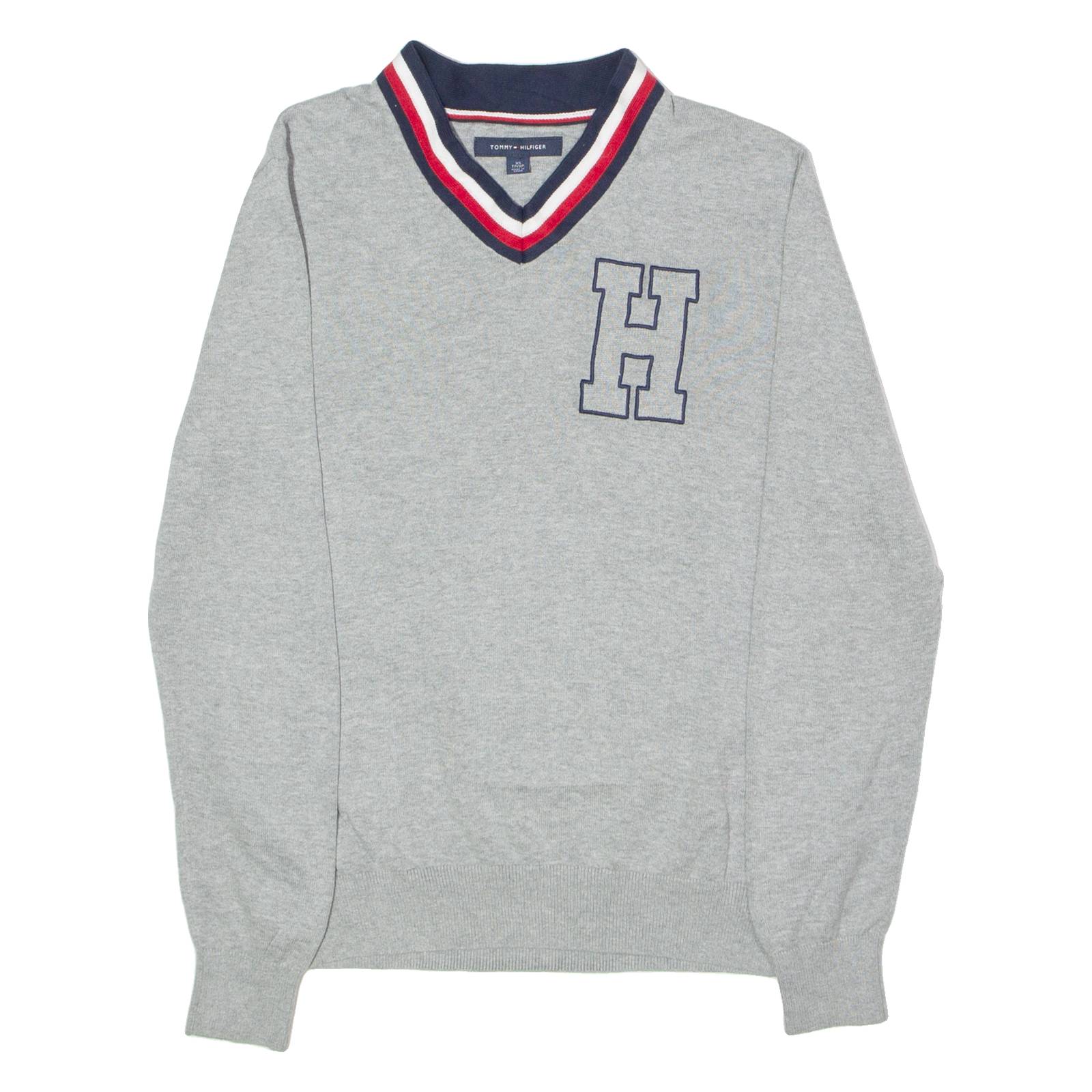 TOMMY HILFIGER Mens Patterned Jumper Grey Striped V-Neck Tight Knit XS