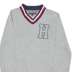 TOMMY HILFIGER Mens Patterned Jumper Grey Striped V-Neck Tight Knit XS