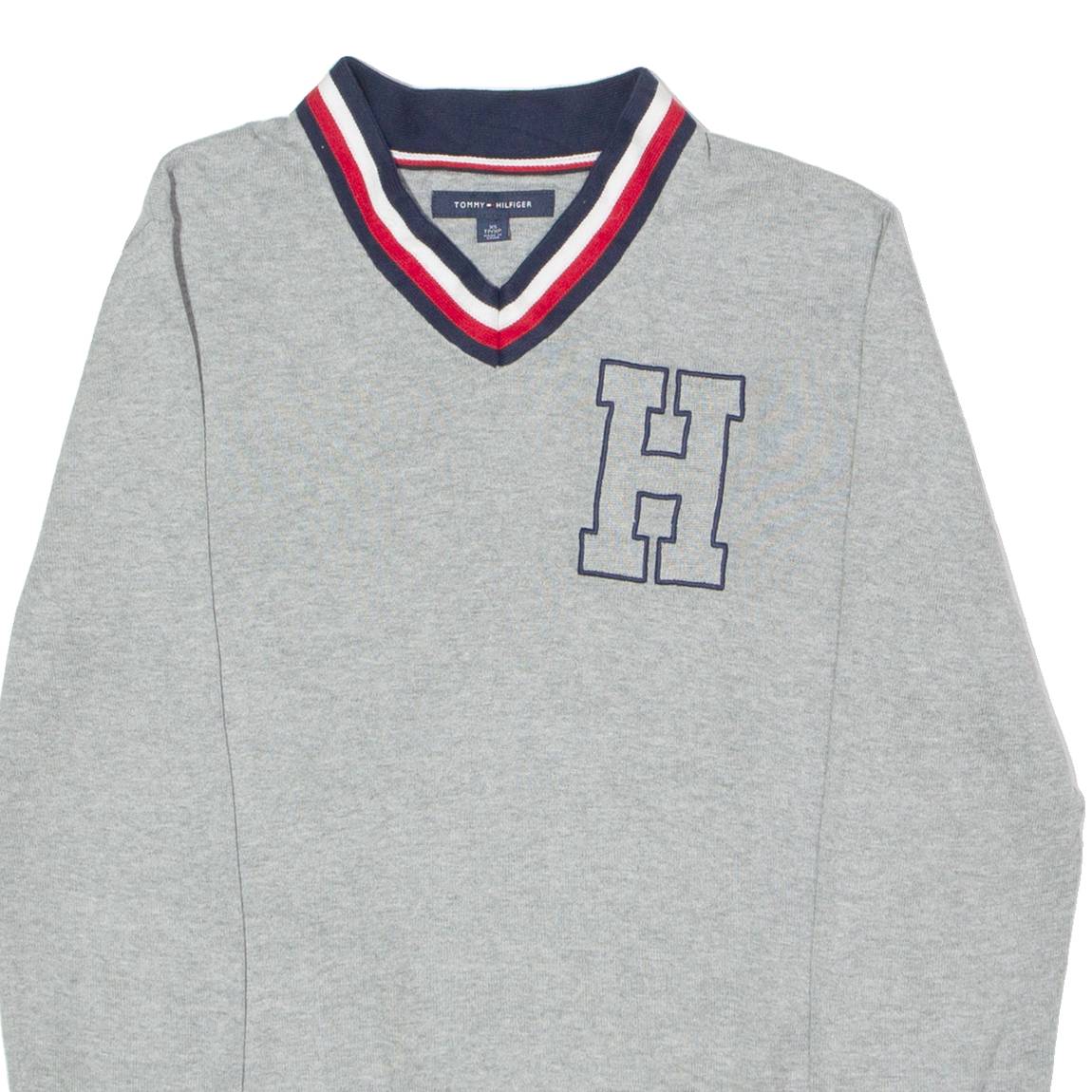 TOMMY HILFIGER Mens Patterned Jumper Grey Striped V-Neck Tight Knit XS