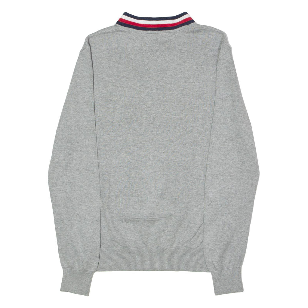 TOMMY HILFIGER Mens Patterned Jumper Grey Striped V-Neck Tight Knit XS