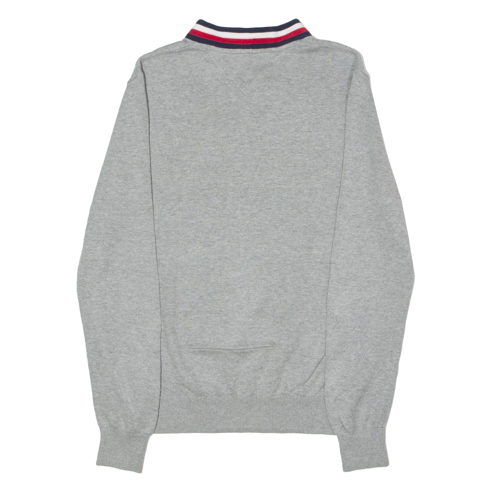 TOMMY HILFIGER Mens Patterned Jumper Grey Striped V-Neck Tight Knit XS