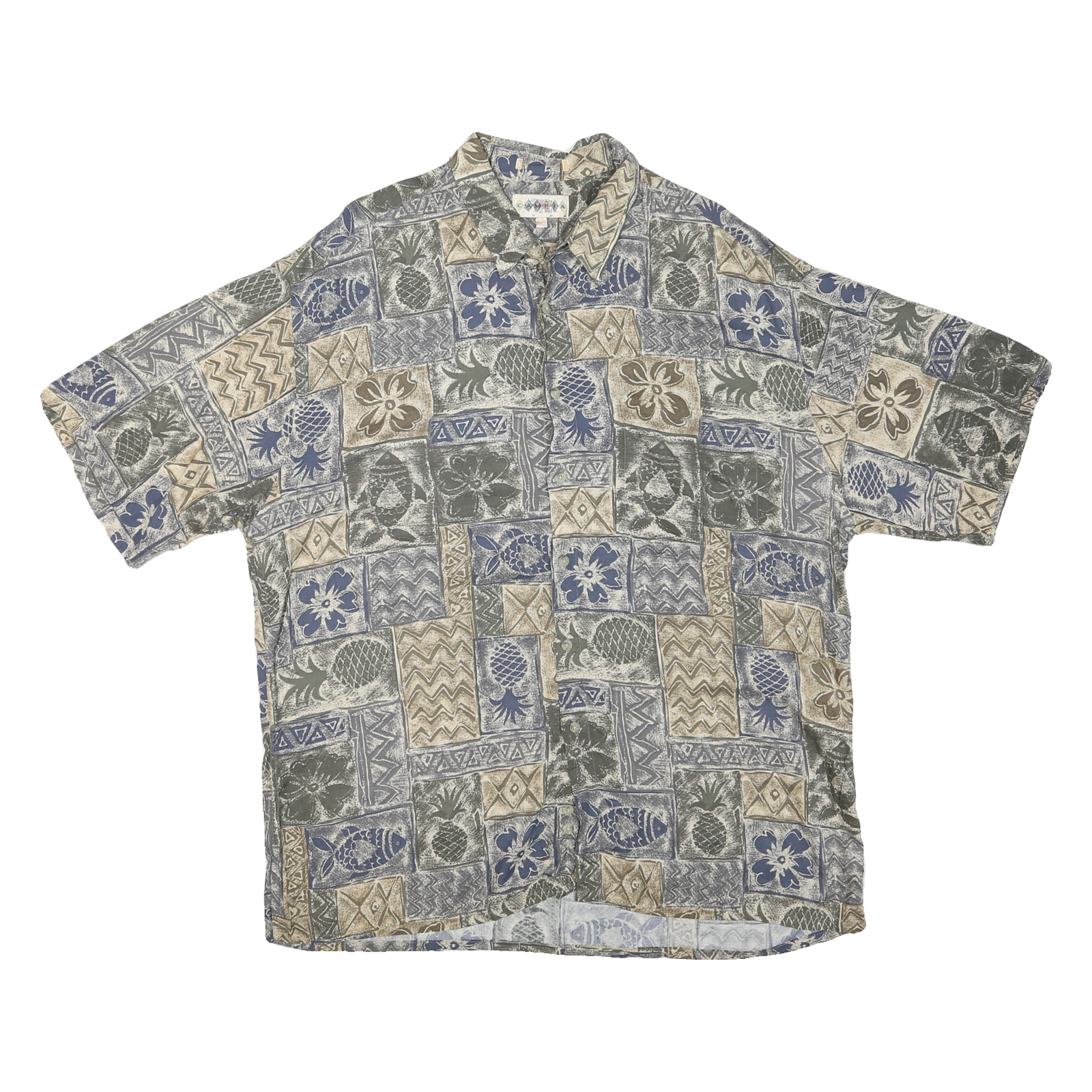 CAMPIA Mens Blue Beige Pattern Cotton Blend Shirt XL Short Sleeve Casual