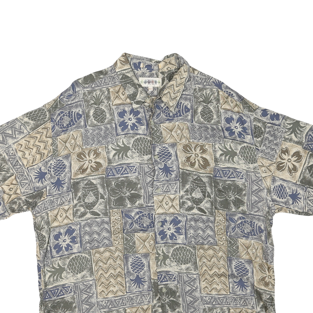 CAMPIA Mens Blue Beige Pattern Cotton Blend Shirt XL Short Sleeve Casual