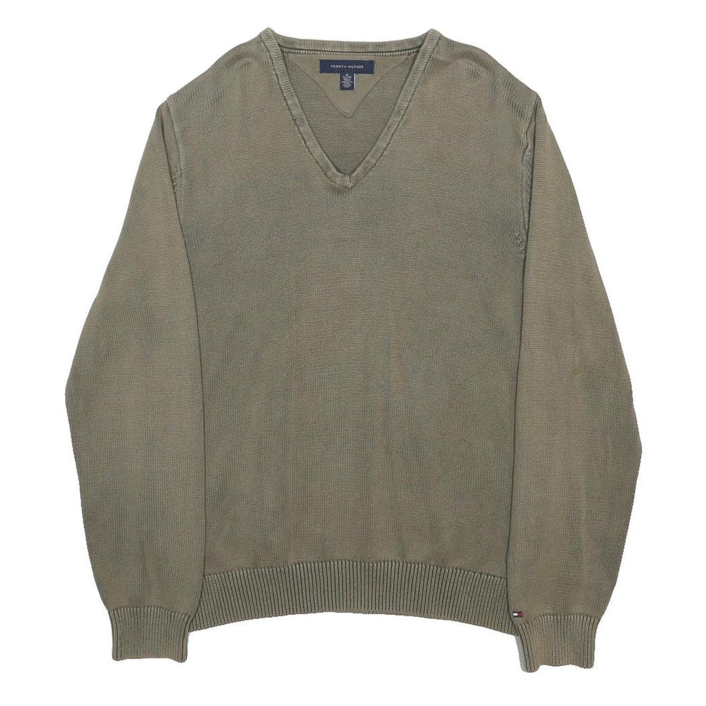 TOMMY HILFIGER Mens Green V Neck Plain Cotton Jumper XL Casual Lightweight