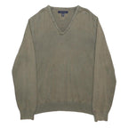 TOMMY HILFIGER Mens Green V Neck Plain Cotton Jumper XL Casual Lightweight
