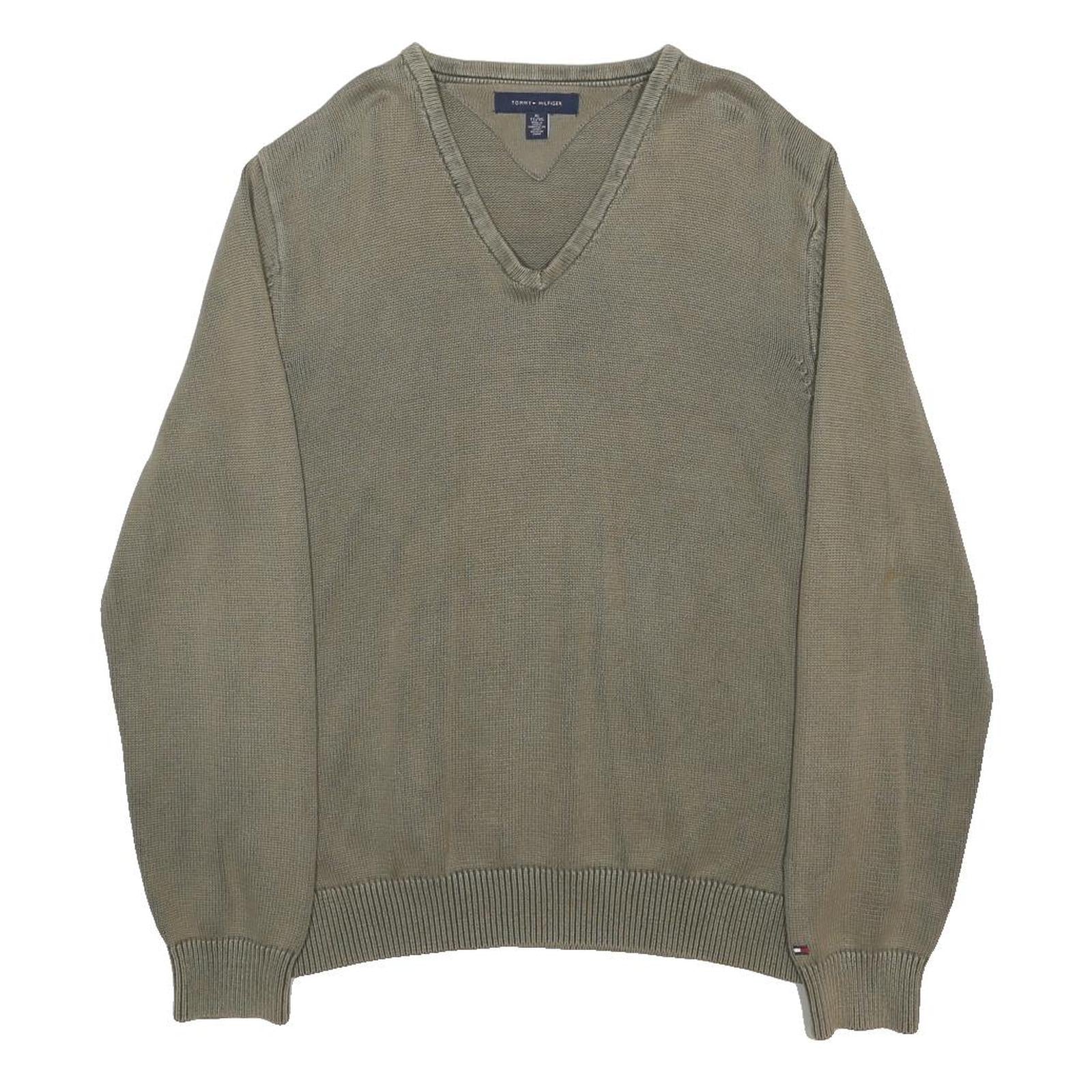TOMMY HILFIGER Mens Green V Neck Plain Cotton Jumper XL Casual Lightweight
