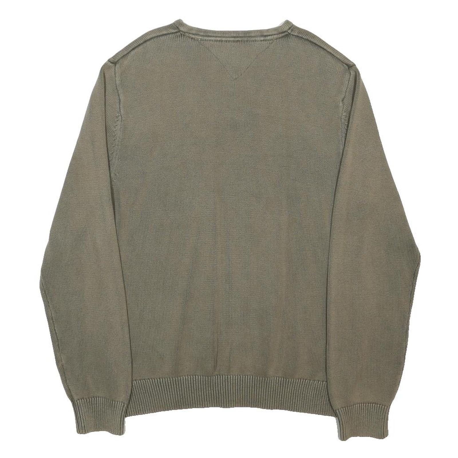 TOMMY HILFIGER Mens Green V Neck Plain Cotton Jumper XL Casual Lightweight