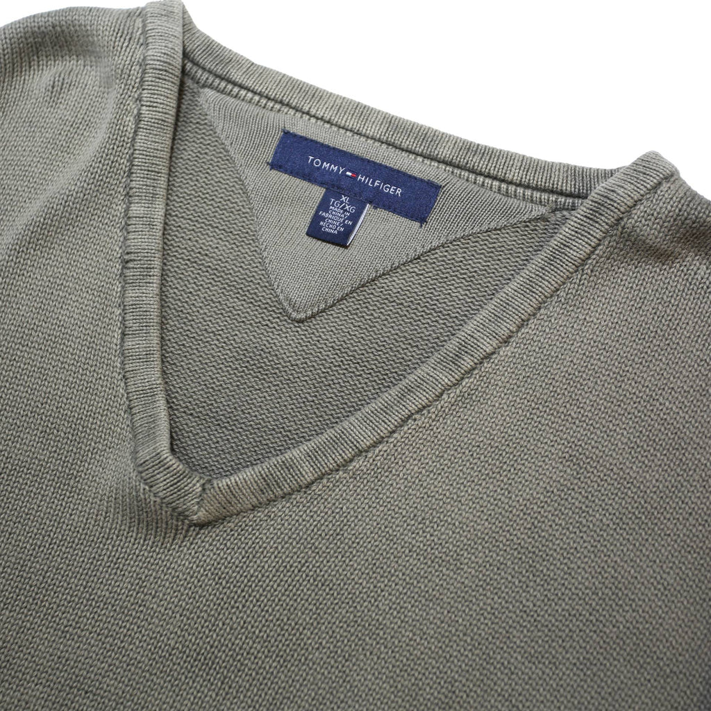 TOMMY HILFIGER Mens Green V Neck Plain Cotton Jumper XL Casual Lightweight