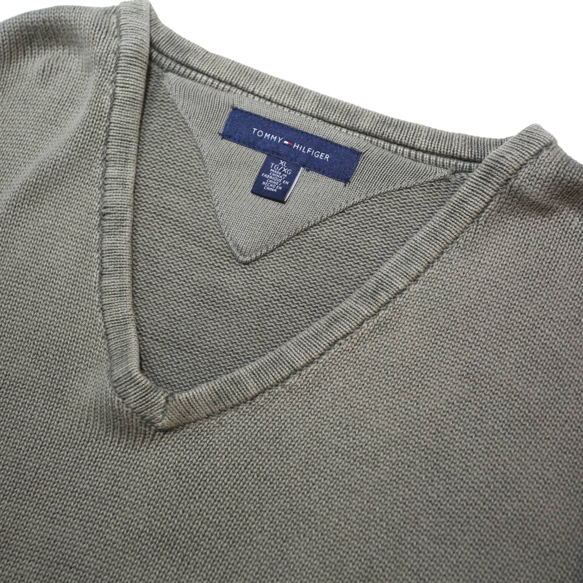 TOMMY HILFIGER Mens Green V Neck Plain Cotton Jumper XL Casual Lightweight