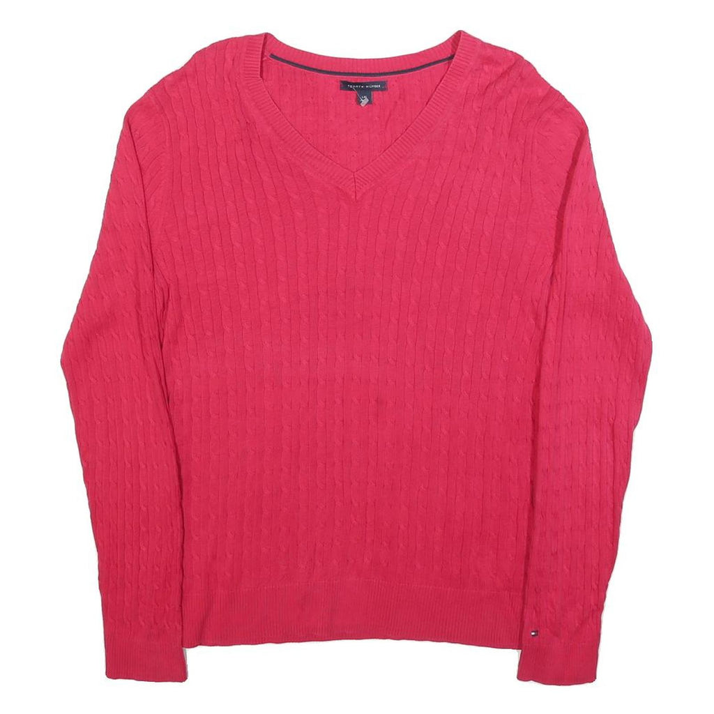 TOMMY HILFIGER Womens Red Cotton Patterned V Neck Jumper L Classic Cable Knit