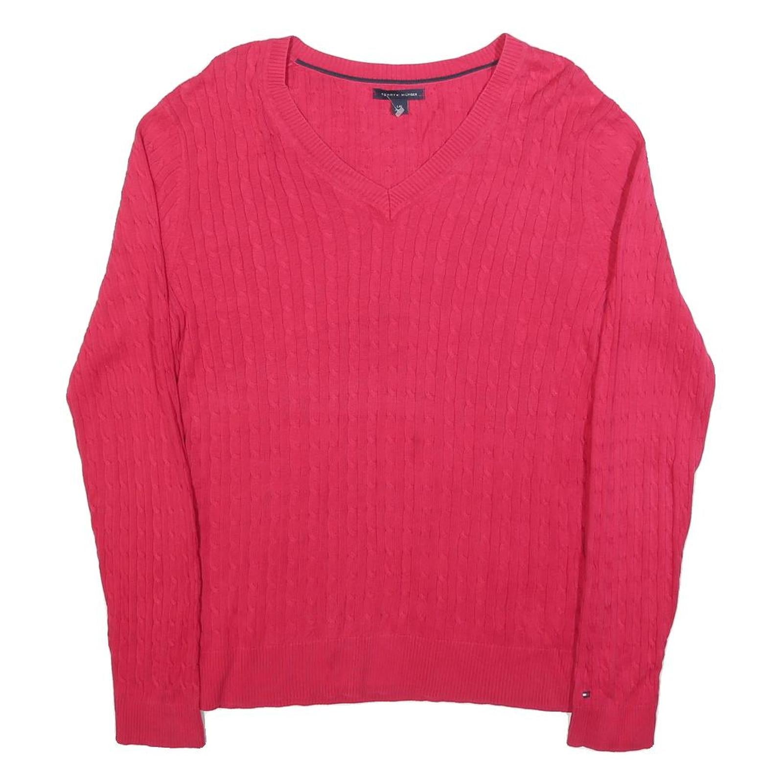 TOMMY HILFIGER Womens Red Cotton Patterned V Neck Jumper L Classic Cable Knit