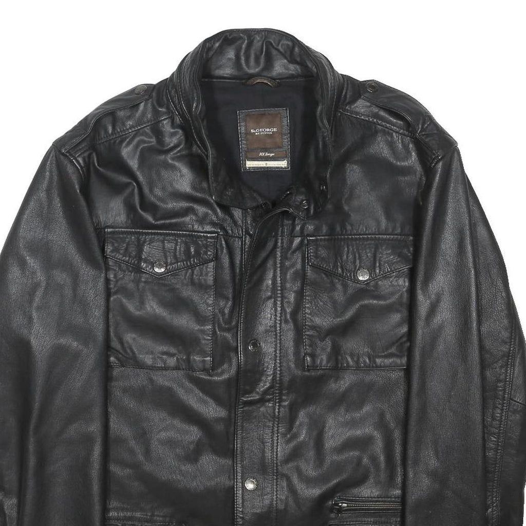 GEORGE BY DUFFER Mens Black Leather Button Jacket 2XL Classic Outerwear