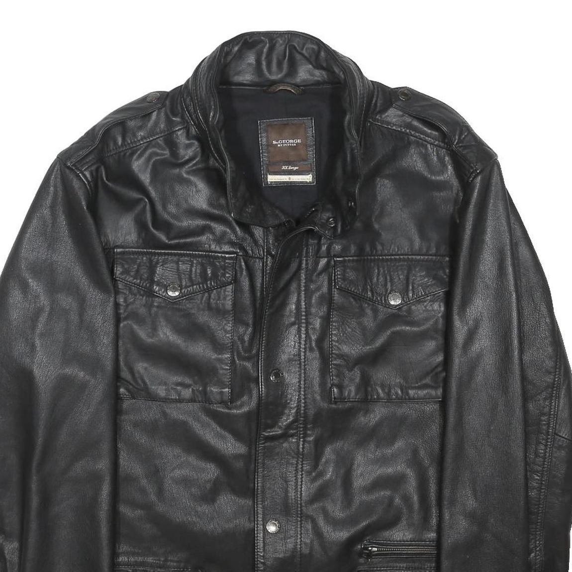 GEORGE BY DUFFER Mens Black Leather Button Jacket 2XL Classic Outerwear